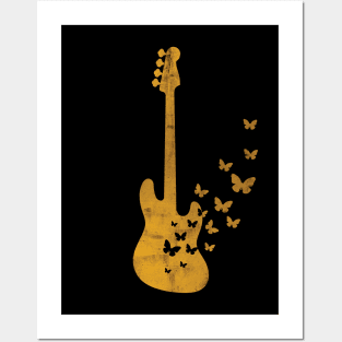Bass Guitar Silhouette Turning Into Butterflies Gold Posters and Art